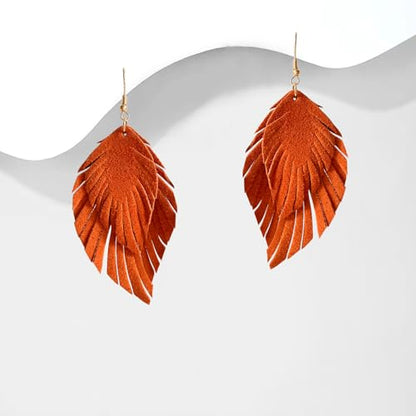 Handmade Bohemian Large Soft Genuine Leather Fringe Double Feather Dangle Drop Earrings Lightweight Simple Color PU Leaf Hook Earrings for Women - color: Orange