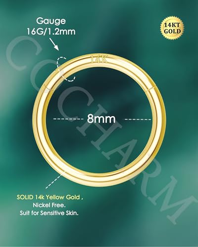 14K Solid Gold Nose Rings, Yellow Gold, 18g/16g/20g | For Women Man, Real Gold, 14Kt, Tiny Seamless Hoop, Nose Piercing, Cartilage Earring, Hypoallergenic - color: HoopA, size: 16g- 8mm
