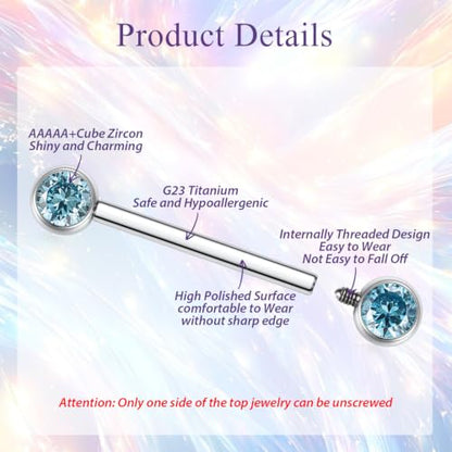 FUNLMO 2pcs Nipple Piercing Jewelry Titanium Nipple Rings Internally Threaded Tongue Rings Bridge Piercing Jewelry Nipple Barbells 14G 12-20mm - color: Silver,Blue CZ