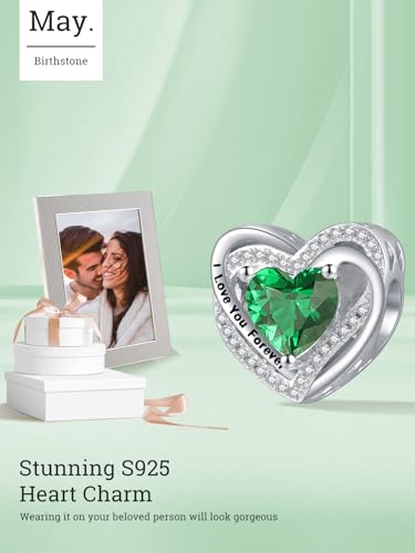 Heart Birthstone Charms for Bracelets, 925 Sterling Silver Women Bead Charms for Charm Bracelets Necklace, Mother's Day Birthday Anniversary Jewelry Gifts for Wife Mom Grandma Daughter - style: Bead - May - Emerald