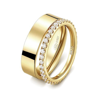 2 Pack Sterling Silver Eternity Ring & Gold Band for Women, 2mm CZ Stackable Wedding Engagement Promise Rings, Simple 5mm Plated Band, Size 5-10, Gift Jewelry Set - color: Gold, size: 5