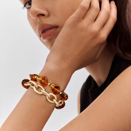 Boho Beaded Stretch Bracelets For Women Stackable Crystal Gold Plated Beaded Bracelets Set Trendy Handmade Friendship Braeclet Jewelry Gifts - color: L-Brown Amber 2pcs