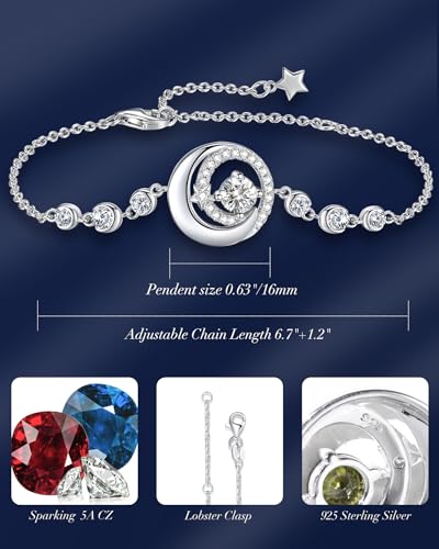 FANCIME Birthstone Bracelets 925 Sterling Silver Moon and Star Bangle Charm Bracelet Fine Jewelry Anniversary Birthday Mothers Day Gifts for Mom Her Women, Adjustable Chain 6.7"+1.2" Extend - color: link-4-CZ