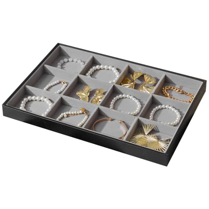 Large Jewelry Organizer Tray, Stackable Jewelry Storage Holder PU Leather Velvet Jewellery Display Case for Stud Earring Bracelet Necklace Ring (Black Gray, 12 Grids) - color: Black Gray