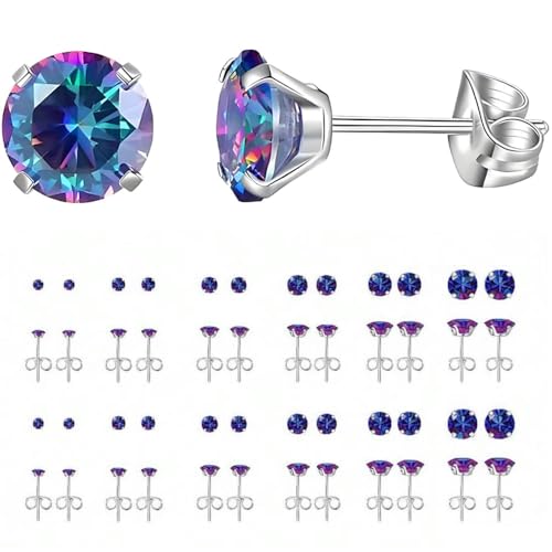 12 Pairs Stud Earrings Set, Hypoallergenic Surgical Stainless Steel 316L Earring for Women Men, Small Earring Studs Pack with Cubic Zirconia - color: Rainbow-6 Sizes-3，4，5，6，7，8