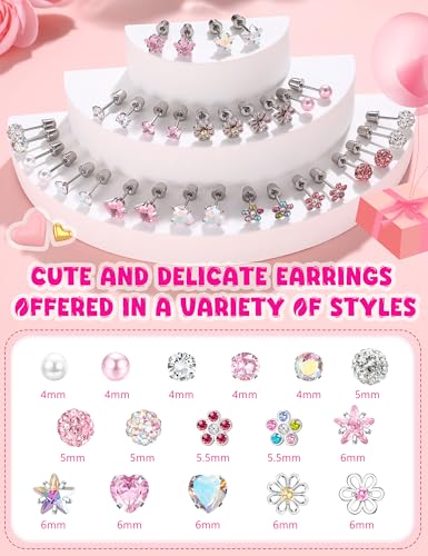 THUNARAZ 16 Pairs Hypoallergenic Earrings for Girls Kids Stud Earrings Set | Surgical Stainless Steel, Sensitive Ears Friendly, 20G Heart Flower Ball Stud Earrings Set for Girls and Kids - style: Screw Back