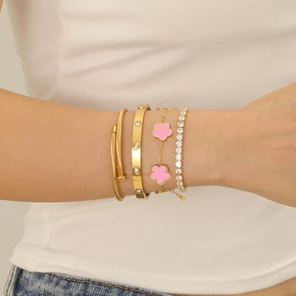Gold Bracelets for Women, 18K Gold Plated Women Tennis Bracelets Clover Nail Love Bangle Bracelet Set, Gold Bracelet Stackable Set Trendy Jewelry, Gifts for Women's Day and Mother's Day - color: 02-Color-pink