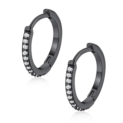 FaithHeart 925 Sterling Silver Post Small CZ Huggie Hoop Earrings for Women | Hypoallergenic Small Cubic Zirconia Hoop Earrings, Silver/Black/Gold/Rose Gold Huggie Earrings, 8-20mm with Gift Box - color: Black, size: 12mm
