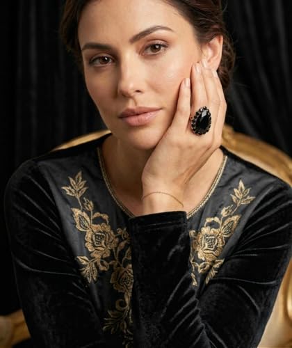 NYFASHION101 Radiant Teardrop Stone Adjustable Cocktail Statement Ring - color: Black/Gold-Tone