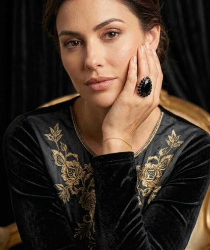 NYFASHION101 Radiant Teardrop Stone Adjustable Cocktail Statement Ring - color: Black/Gold-Tone