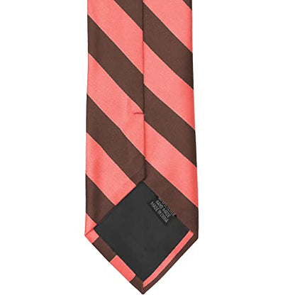 tiemart Men's Striped Tie Standard Length - color: Bright Coral and Brown