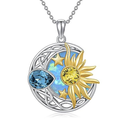 AOBOCO 925 Sterling Silver Moon Sun Star Necklace Celtic Jewelry for Women Girls - color: Silver&Gold&Light Blue Opal