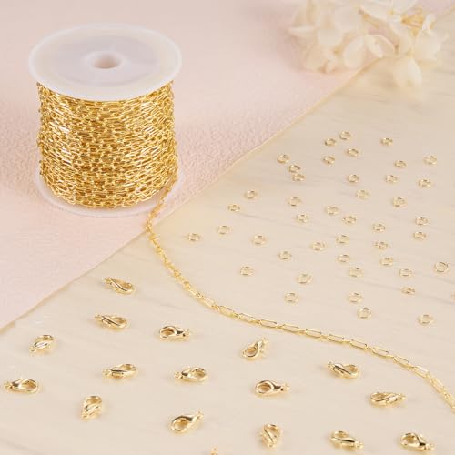 Jabogrii 32.8 Feet Gold Plated Brass Paperclip Oval Link Jewelry Chain Roll | Handmade Permanent Necklace Bracelet DIY Craft Chain Bulk for Jewelry Making - color: Paperclip Gold