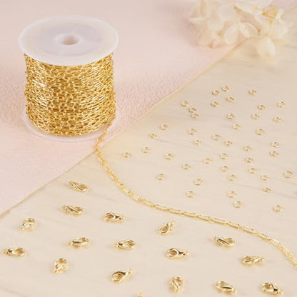 Jabogrii 32.8 Feet Gold Plated Brass Paperclip Oval Link Jewelry Chain Roll | Handmade Permanent Necklace Bracelet DIY Craft Chain Bulk for Jewelry Making - color: Paperclip Gold