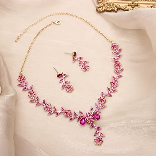 Flower Leaf Crystal Pendant Necklace Dangle Earrings Link Bracelet Bride Bridesmaid Jewelry Sets for Women Wedding Party - color: Pink-Gold Plated