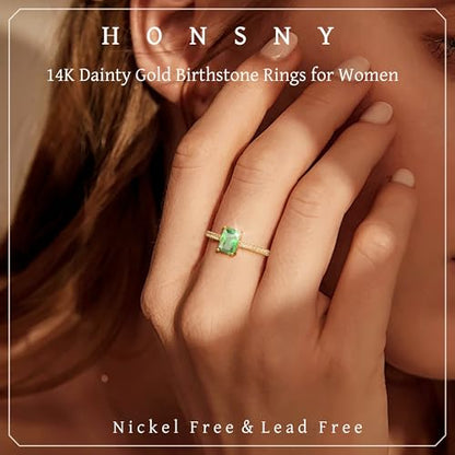 Honsny Gold Birthstone Rings for Women Non Tarnish 14K Gold Plated Emerald Engagement Promise Rings CZ Stackable Dainty Gemstone Pinky Eternity Band Ring Jewelry Birthday Gifts - color: Green May, size: 7