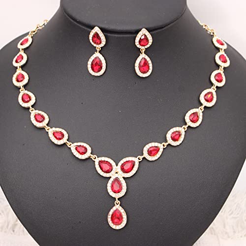 Austrian Crystal Rhinestone Necklace Dangle Earrings Link Bracelet Jewelry Set for Brides Bridesmaid Prom Costume Accessories for Women - color: Red-Gold Plated