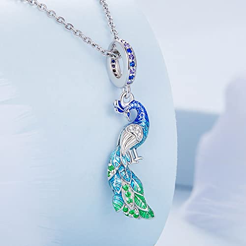 BISAER 925 Sterling Silver Charms for Bracelets Cat Dog Sloth Animal Beads Butterfly Fairy Heart Dangle Pendant Charms - color: Peacock