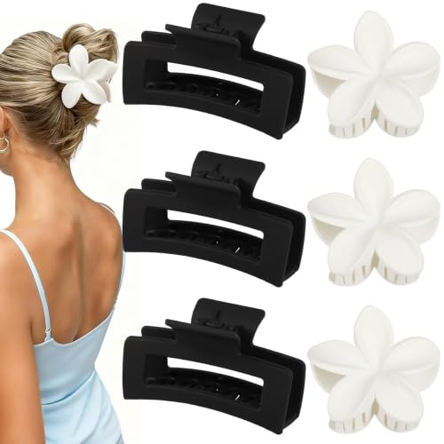 Flower Hair Clips for Women, Square Claw Clips for Girls 6 PCS -Basic | 2 Styles Hair Claw Clips for Thick or Thin Hair Hawaiian Hibiscus Rectangle Large Plumeria Medium Hair Accessories for Women - color: Basic