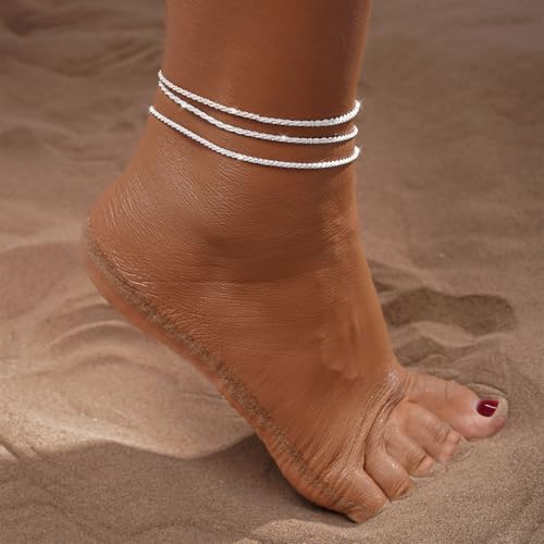 MFRYK Gold Ankle Bracelets for women,14k Gold/Silver Plated Waterproof Layered lightweight Cuban Link Figaro Chain Heart anklet butterfly anklet Pearl Ankle Bracelets Set Gold Anklets for women Trendy Jewelry Gift for Women - style: 3 anklets layered twis