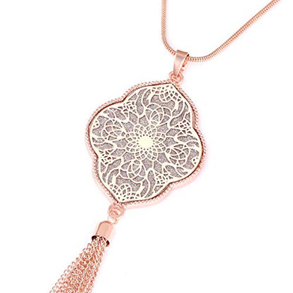 MOLOCH Long Necklaces For Woman Disk Circle Pendant Necklaces Tassel Fringe Necklace Set Statement Pendant - color: quatrefoil-shaped-rose gold