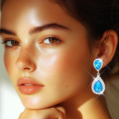 Catery Crystal Wedding Earrings Silver Rhinestone Ear Rings Teardrop Bridal Ear Jewelry for Brides and Women - color: Aquamarine