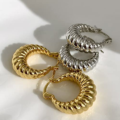 Gold Hoop Earrings for Women, 18K Gold Plated Chunky Huggie Hoop Earrings for Women Jewelry Gifts - color: Croissant Gold