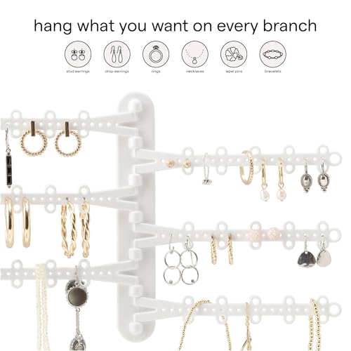 6-Tier Hanging Wall Jewelry Organizer, Earring, Necklace, Ring Holder-White | Large Capacity with 120 Earring Holes, Rotating Branches, Includes 3M Command Strips, Bracelet, Ring & Necklace Storage - color: 6-Tier Classic White