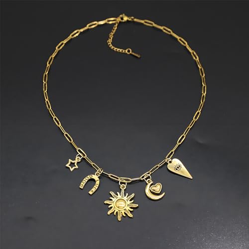 JNF Cute Shell Conch Boho Charm Necklace for Women Sun Moon Star Coin Heart Flower Boot Bow Charms Necklaces Summer Beach Jewelry - color: moon charm sun necklace