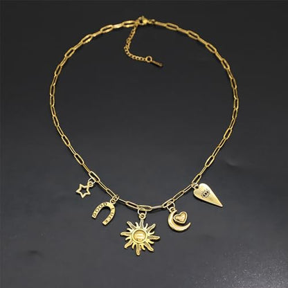 JNF Cute Shell Conch Boho Charm Necklace for Women Sun Moon Star Coin Heart Flower Boot Bow Charms Necklaces Summer Beach Jewelry - color: moon charm sun necklace