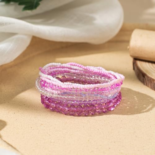 tenghong2021 Handmade Bohemian Multilayer Bracelets Boho Glass Beaded Colorful Strand Multilayered Stackable Seed Beads Bracelet for Women Friends Friendship Gifts Summer Beach Hawaii Jewelry - color: Pink