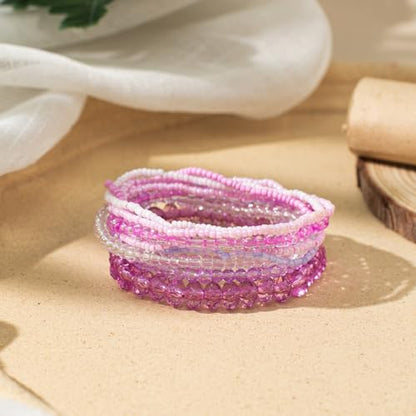 tenghong2021 Handmade Bohemian Multilayer Bracelets Boho Glass Beaded Colorful Strand Multilayered Stackable Seed Beads Bracelet for Women Friends Friendship Gifts Summer Beach Hawaii Jewelry - color: Pink