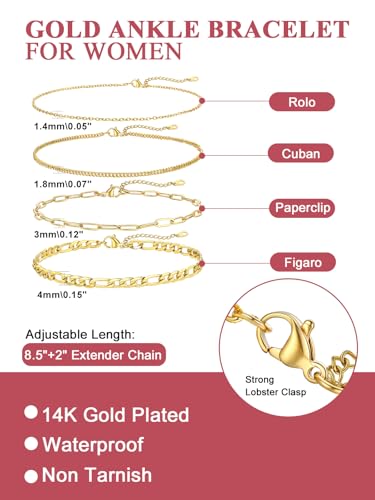 FOCALOOK Anklet Bracelets Set for Women, 14K Gold Plated Layered Anklet Set | Adjustable for Large Ankle, Cuban/Snake/Figaro/Paperclip Chain, Waterproof & Non Tarnish for Everyday Wear, Beach & Summer - color: E:4Pcs-Anklet Set-Gold
