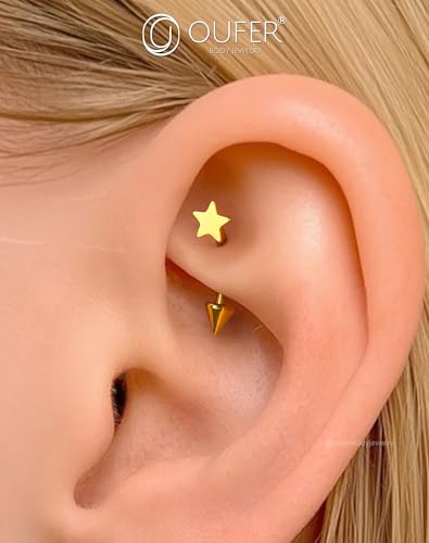 OUFER Rook Piercing Jewelry, G23 Solid Titanium Eyebrow Rings, Heart Vertical Labret Lip Jewelry, 16G Curved Barbells, Daith Rook Earrings for Women Men - color: Gold Star, size: 16G 8mm