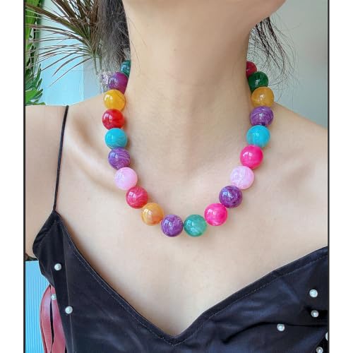JNF Chunky Beaded Necklaces Women Large Big Ball Bead Choker Necklace Bold Statement Beads jewelry Gift - color: gemstone neckalce colorful