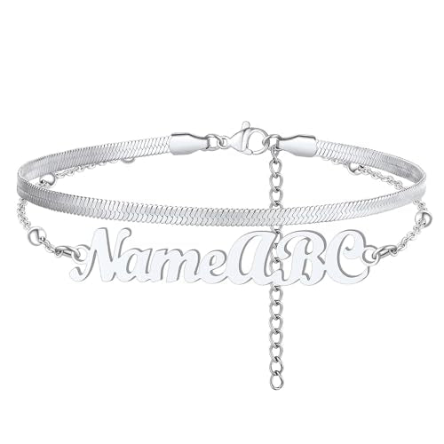 FindChic Custom Ankle Bracelets for Women, Stainless Steel Figaro/Cuban/Wheat/Rope/Herringbone Chain Anklets, Beach Foot Jewelry 8.5''-10.5'' Adjustable & Waterproof, with Gift Box - style: Herringbone Chain-Silver