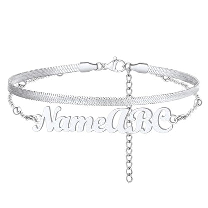 FindChic Custom Ankle Bracelets for Women, Stainless Steel Figaro/Cuban/Wheat/Rope/Herringbone Chain Anklets, Beach Foot Jewelry 8.5''-10.5'' Adjustable & Waterproof, with Gift Box - style: Herringbone Chain-Silver