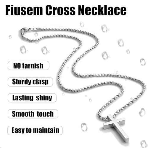 Fiusem Cross Necklace for Men, Stainless Steel Cross Pendant Jewelry Gift | Silver/Gold/Black Mens Cross Necklaces with 2.5mm Cross Chain, Box Chain 16-28 Inch - size: 24.0 Inches, style: Small silver cross: 1.2" * 0.7"