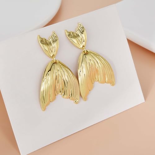Large Geometric Drop Dangle Earrings for Women Pearl Teardrop Disc Rectangle Oval Fishtail Shell Shaped Textured Dangle Studs Earrings for Women - color: Gold-Fishtail