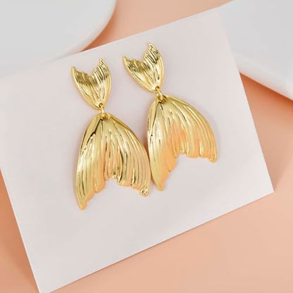 Large Geometric Drop Dangle Earrings for Women Pearl Teardrop Disc Rectangle Oval Fishtail Shell Shaped Textured Dangle Studs Earrings for Women - color: Gold-Fishtail