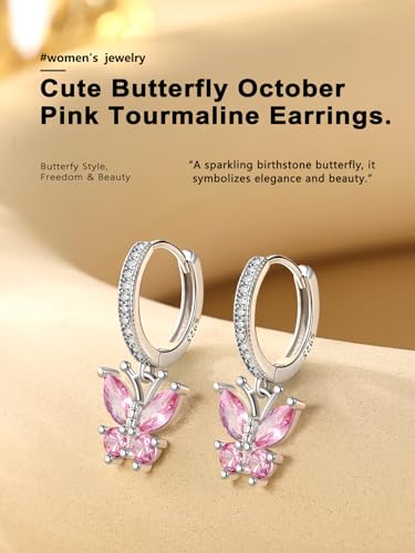 Bestyle Gold Butterfly Earrings for Women, Dainty Cute Birthstone Studs Hypoallergenic Jewelry, Great Birthday Gift - style: 10.October (Tourmaline)-DANGLE