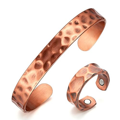 Copper Bracelets for Women Men Set, 100% Solid Real Pure Handmade Hammered Copper & Rings Jewelry Bracelet