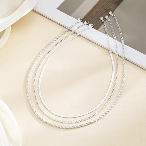 Layered Necklaces for Women, 3 Chain Choker Set, 14k Gold/Silver Plated | 3 Detachable Strands, 7+ Ways to Wear, Tangle Free Design, Herringbone Rope Curb Textures, Tarnish Resistant - color: Silver
