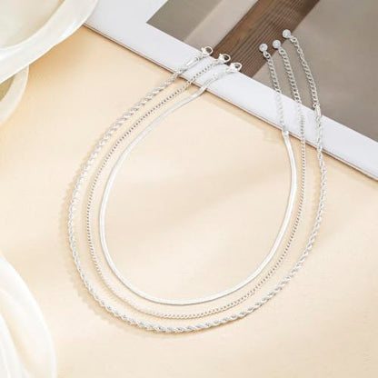 Layered Necklaces for Women, 3 Chain Choker Set, 14k Gold/Silver Plated | 3 Detachable Strands, 7+ Ways to Wear, Tangle Free Design, Herringbone Rope Curb Textures, Tarnish Resistant - color: Silver