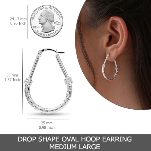 LeCalla 925 Sterling Silver Hoop Earrings for Women | Italian Design Classic Diamond-Cut Textured Hoops Earring | Women's Oval Drop Shape Silver Earring Jewelry - color: Large Classic Diamond-Cut