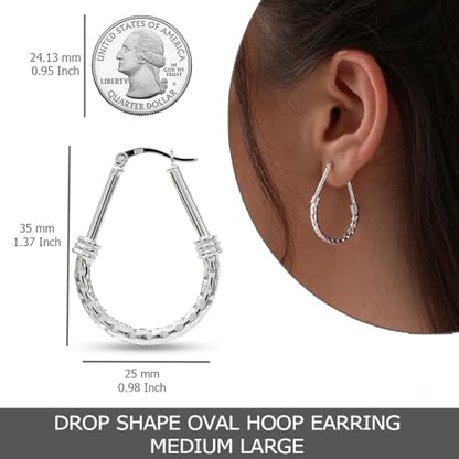 LeCalla 925 Sterling Silver Hoop Earrings for Women | Italian Design Classic Diamond-Cut Textured Hoops Earring | Women's Oval Drop Shape Silver Earring Jewelry - color: Large Classic Diamond-Cut