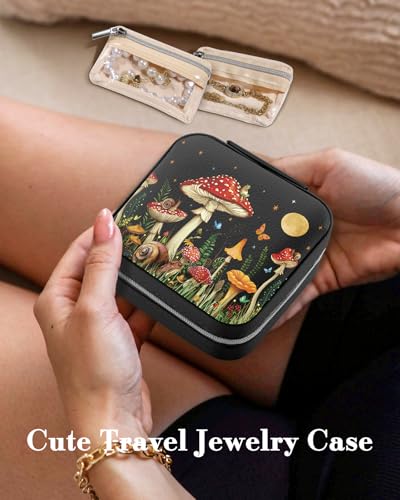 Bistup Travel Jewelry Case - Small Jewelry Organizers and Storage Box for Women Girls Teens Cute Traveling Jewelry Holder with Mirror Little Tiny Compact Modern Unique Aesthetic Pretty, Mushroom - style: Mushroom