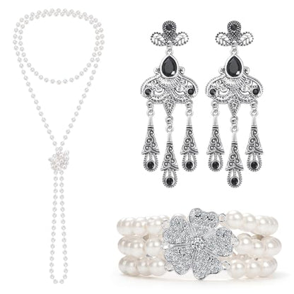 1920s Pearl Jewelry Set - Long Pearl Necklace, Earring Set, Multilayer Bracelet - Flapper Accessories for Women - color: Retro