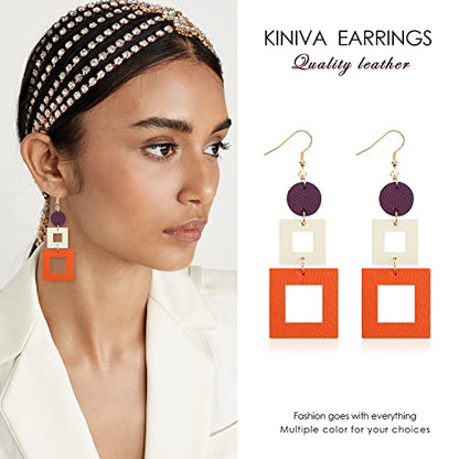 KINIVA Leather Dangle Earrings for Women Trendy, Lightweight Leaf Circle Lightning Earrings Drop, Jewelry Gifts for Women - color: 38 Purple White Orange