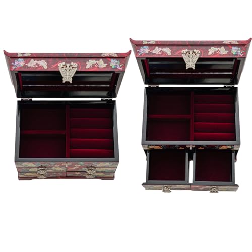 February Mountain Mother of Pearl Wooden Jewelry Organizer Box – Jewelry Storage Box for Women, Features Spacious Drawers, Ideal for Rings, Bracelets, Watches, Chains, Accessories - style: Peony_Red